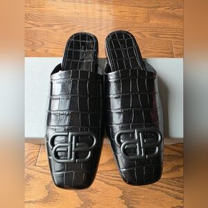 Balenciaga Black Croc-Embossed Leather Slide Loafers